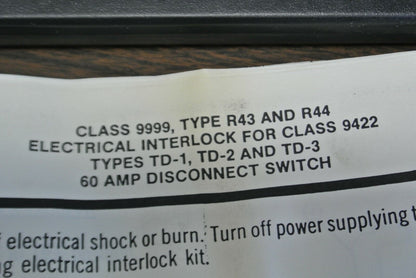 SQUARE D 9999 R44 ELECTRICAL INTERLOCK / TWO POLE / 9422 60A / NEW SURPLUS