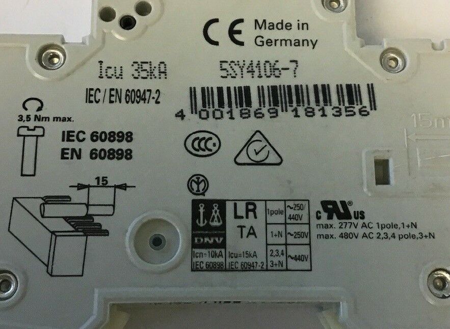 SIEMEN 5SY41 MCB C6 CIRCUIT BREAKER 250VAC/440V