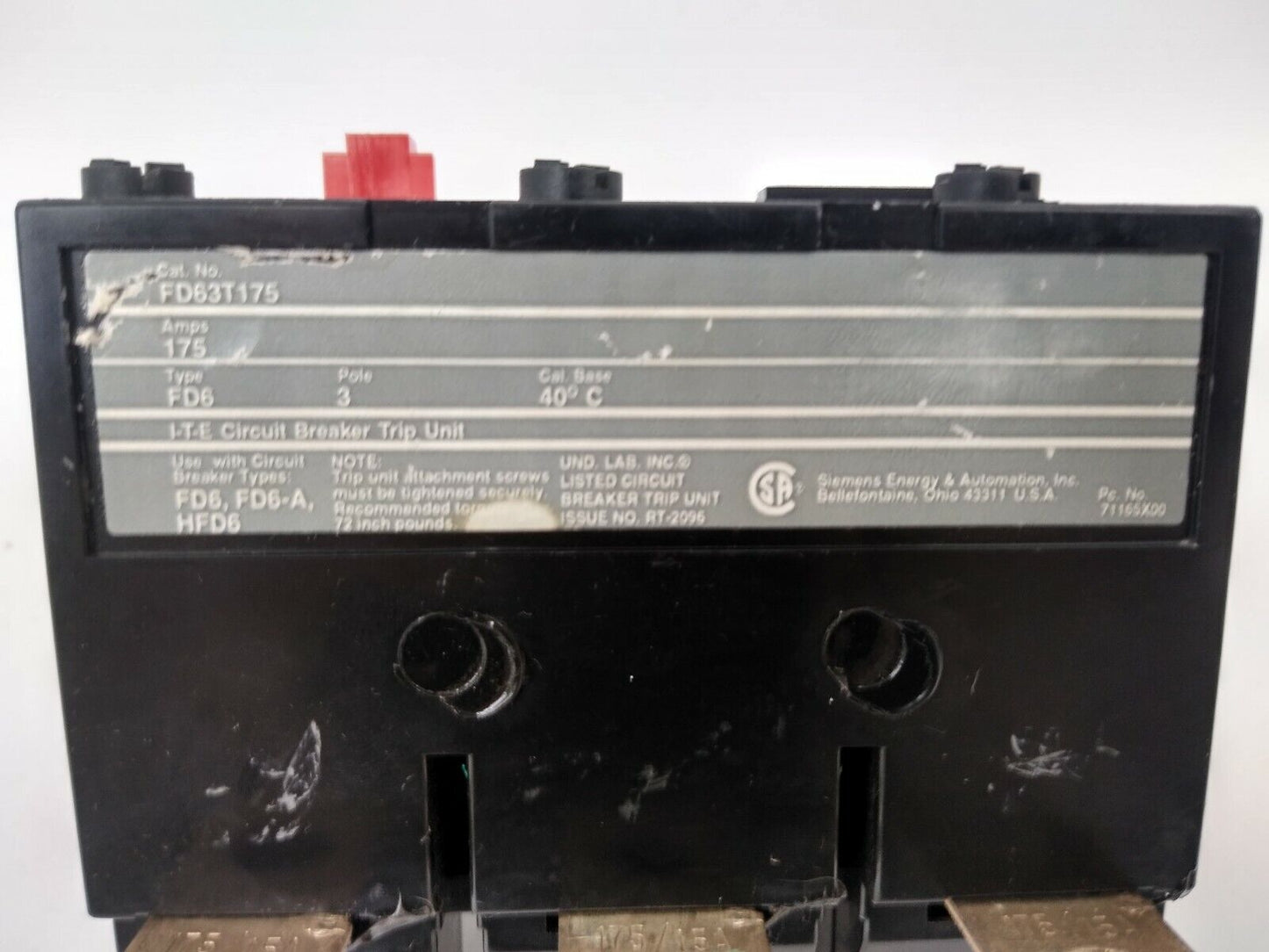 ITE SIEMENS FD63T175 BREAKER TRIP UNIT 3P 600V 175A MAG. ADJ 900-2000