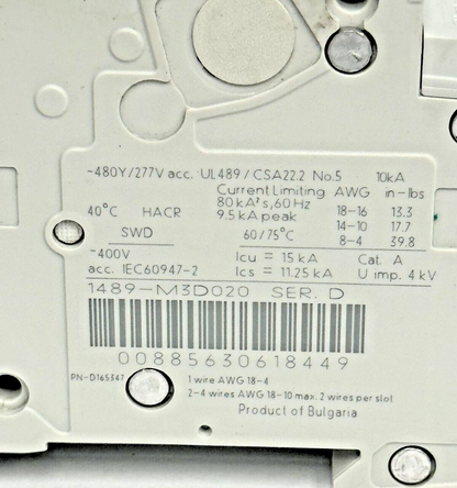 ALLEN-BRADLEY - 1489-M3D020 SER. D - CIRCUIT BREAKER - 3 P, 2 A, 277 V