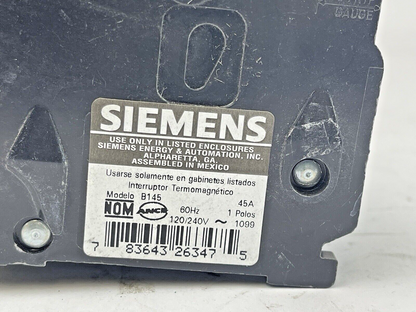 SIEMENS *LOT OF 3* - B145 - CIRCUIT BREAKERS -1 POLE, 45A, 240 VAC, 60Hz TYPE BL