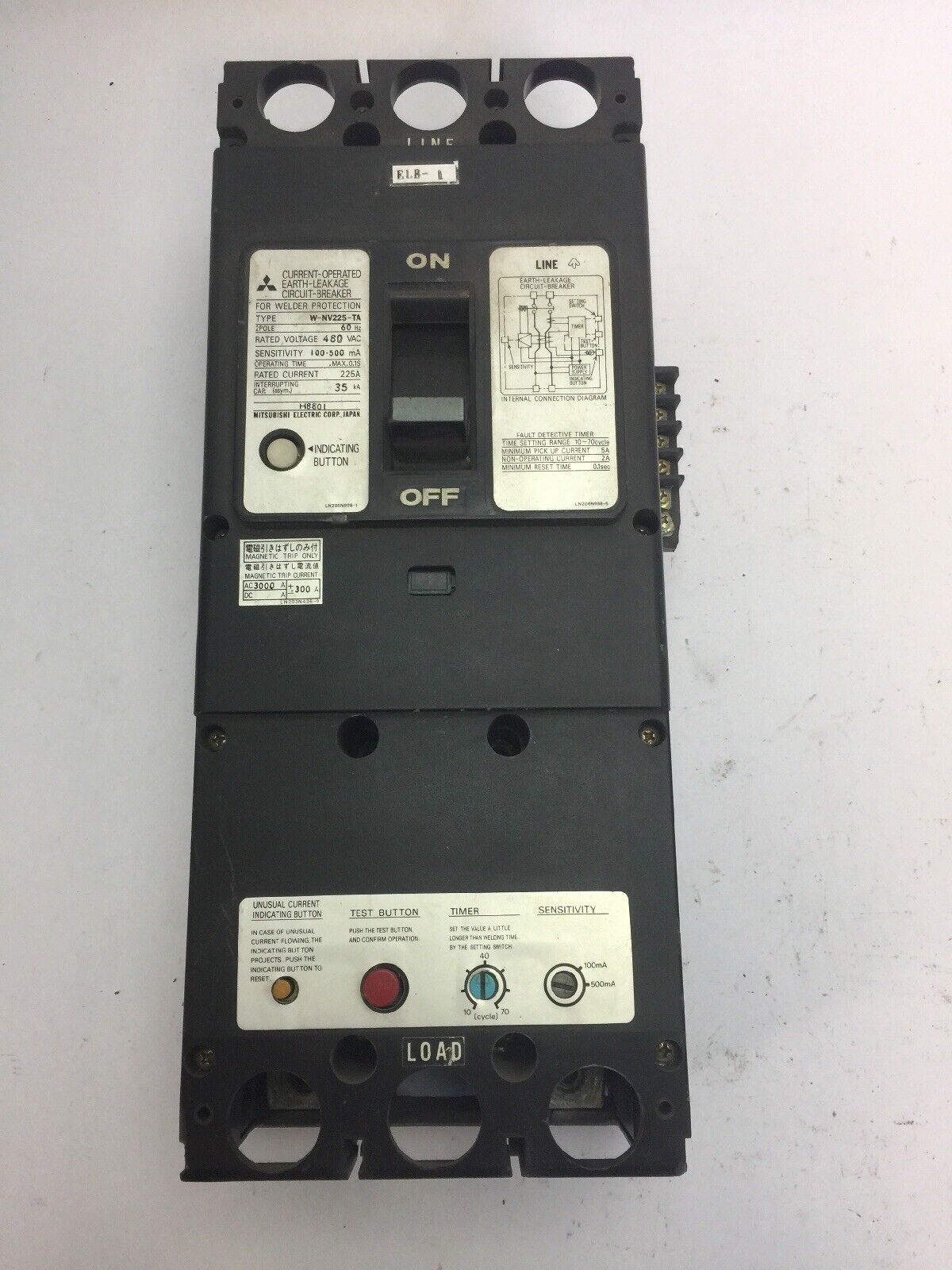 MITSUBISHI W-NV225-TA CURRENT-OPERATED EARTH-LEAKAGE CIRCUIT BREAKER 225A 480VAC