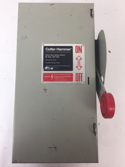 CUTLER HAMMER DH322NGK FUSIBLE HD SAFETY SWITCH 240VAC 250VDC 60AMP 3P TYPE 1