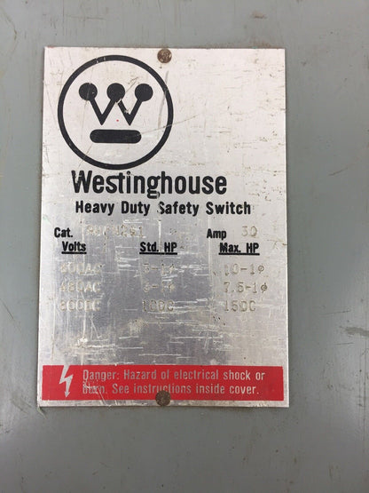 WESTINGHOUSE RHFN261 TYPE 3R RAINPROOF 30 AMP 600 VOLTS AC ENCLOSURE