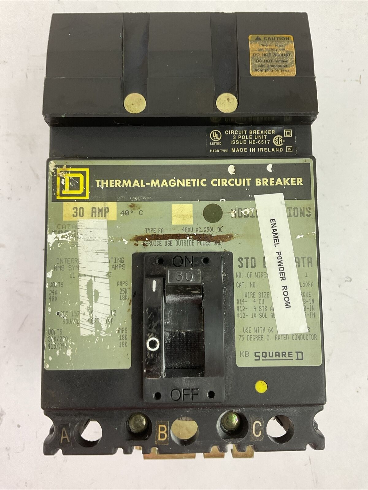 SQUARE D FA34030 TYPE FA 30AMP 480VAC 250VDC 3POLE CIRCUIT BREAKER