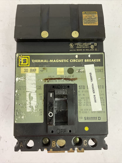 SQUARE D FA34030 TYPE FA 30AMP 480VAC 250VDC 3POLE CIRCUIT BREAKER