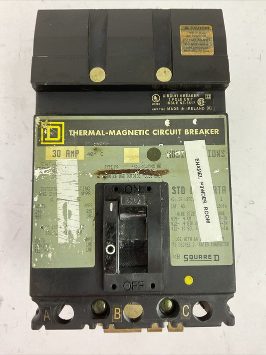 SQUARE D FA34030 TYPE FA 30AMP 480VAC 250VDC 3POLE CIRCUIT BREAKER