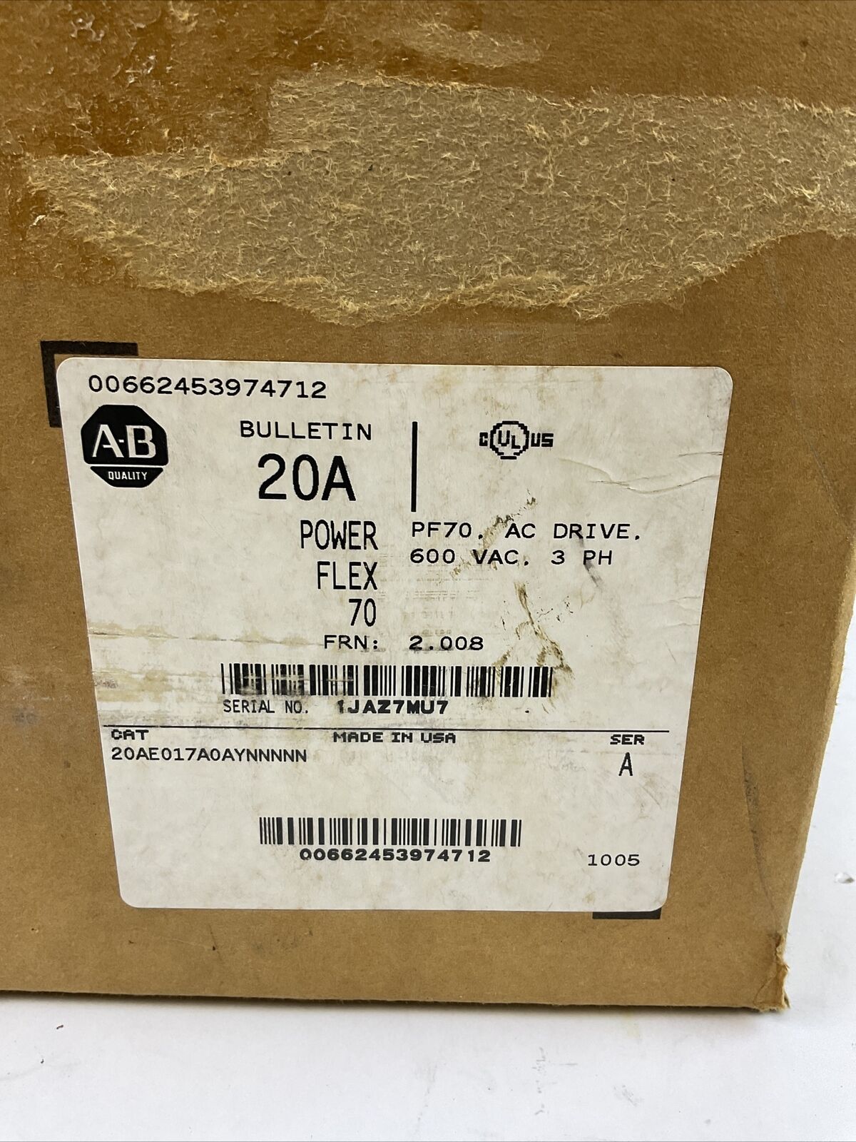 ALLEN BRADLEY 20AE017A0AYNNNNN AC DRIVE F/W 2.008 SER A 15HP OUTPUT 0-575VAC 3PH