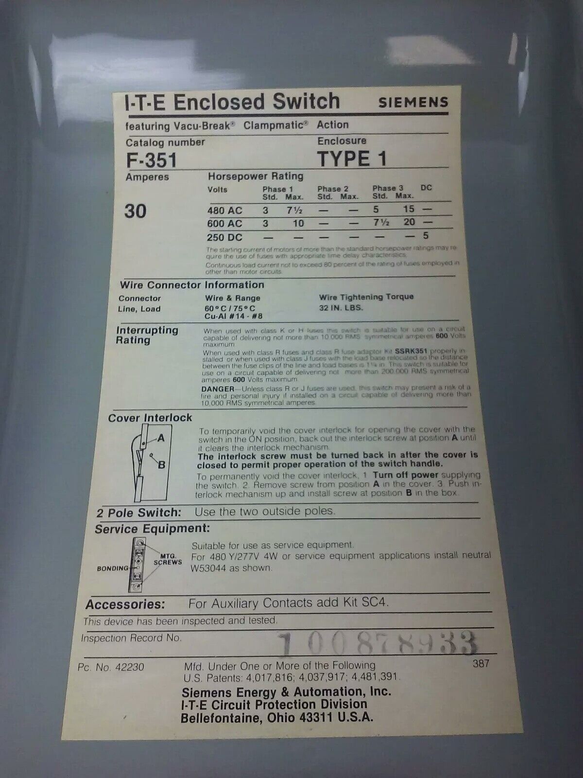 ITE SIEMENS F351, H.D. ENCLOSED SWITCH, 30A, 480/600V, 3P, FUSIBLE, 3PH, NEW