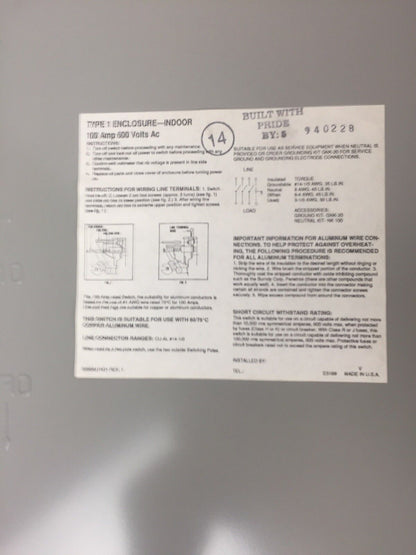 CHALLENGER HD363NFC HD SAFETY SWITCH 600VAC/DC 100AMP 75HP TYPE 1 ENCLOSURE