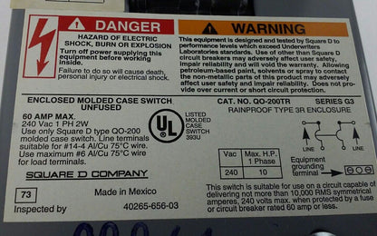 Square D Enclosed Molded Case Switch - 60 Amp - 240V - 2 wire - QO200TR