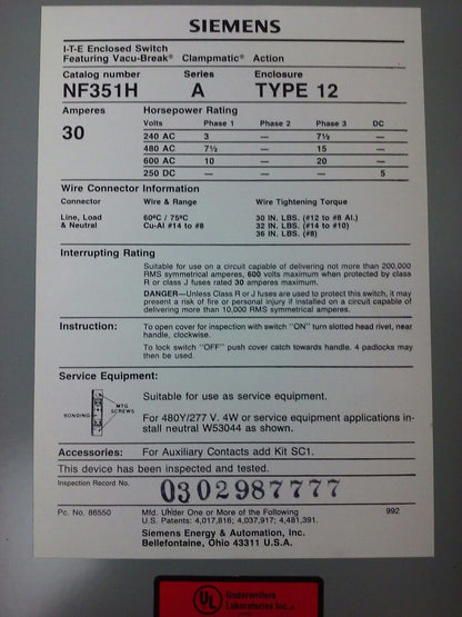 I-T-E SIEMENS NF351H SER. A, H.D. ENCLOSED SWITCH, 30A, 600V, 3PH, TYPE 12, NEW