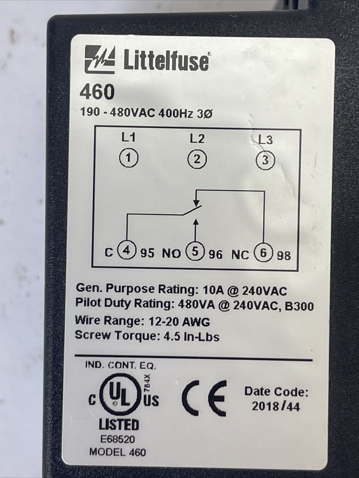 LITTELFUSE 460 MOTOR SAVER 190-480VAC 400HZ 10A @ 240VAC 480VA @ 240VAC, B300