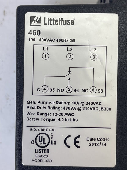LITTELFUSE 460 MOTOR SAVER 190-480VAC 400HZ 10A @ 240VAC 480VA @ 240VAC, B300