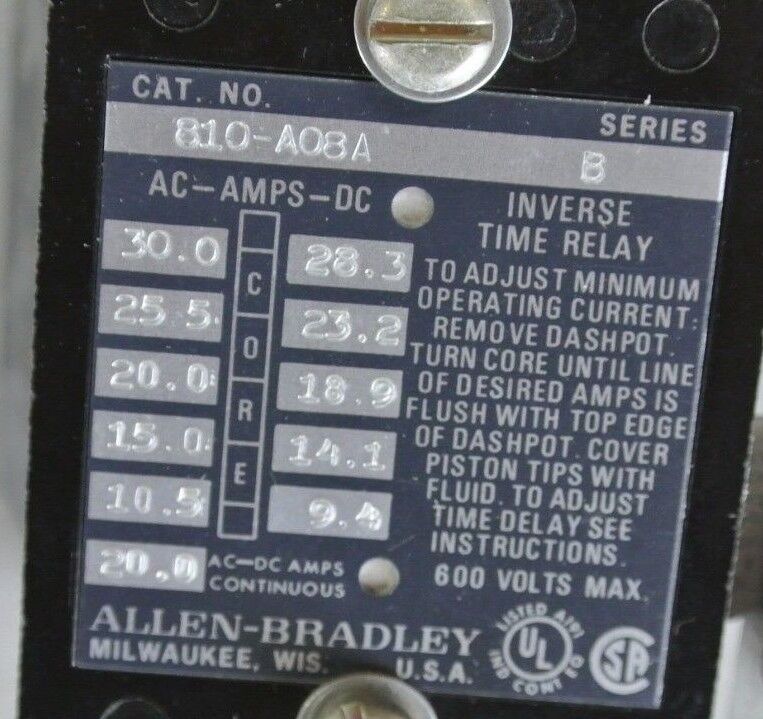 ALLEN-BRADLEY 810-A08A Ser. B INVERSE TIME CURRENT RELAY 20A COIL - NEW SURPLUS