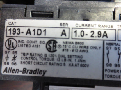 ALLEN BRADLEY 100-A12ND3 + 193-A1D1 + 195-FA20 Ser. A - CONTACTOR + O'LOAD RELAY