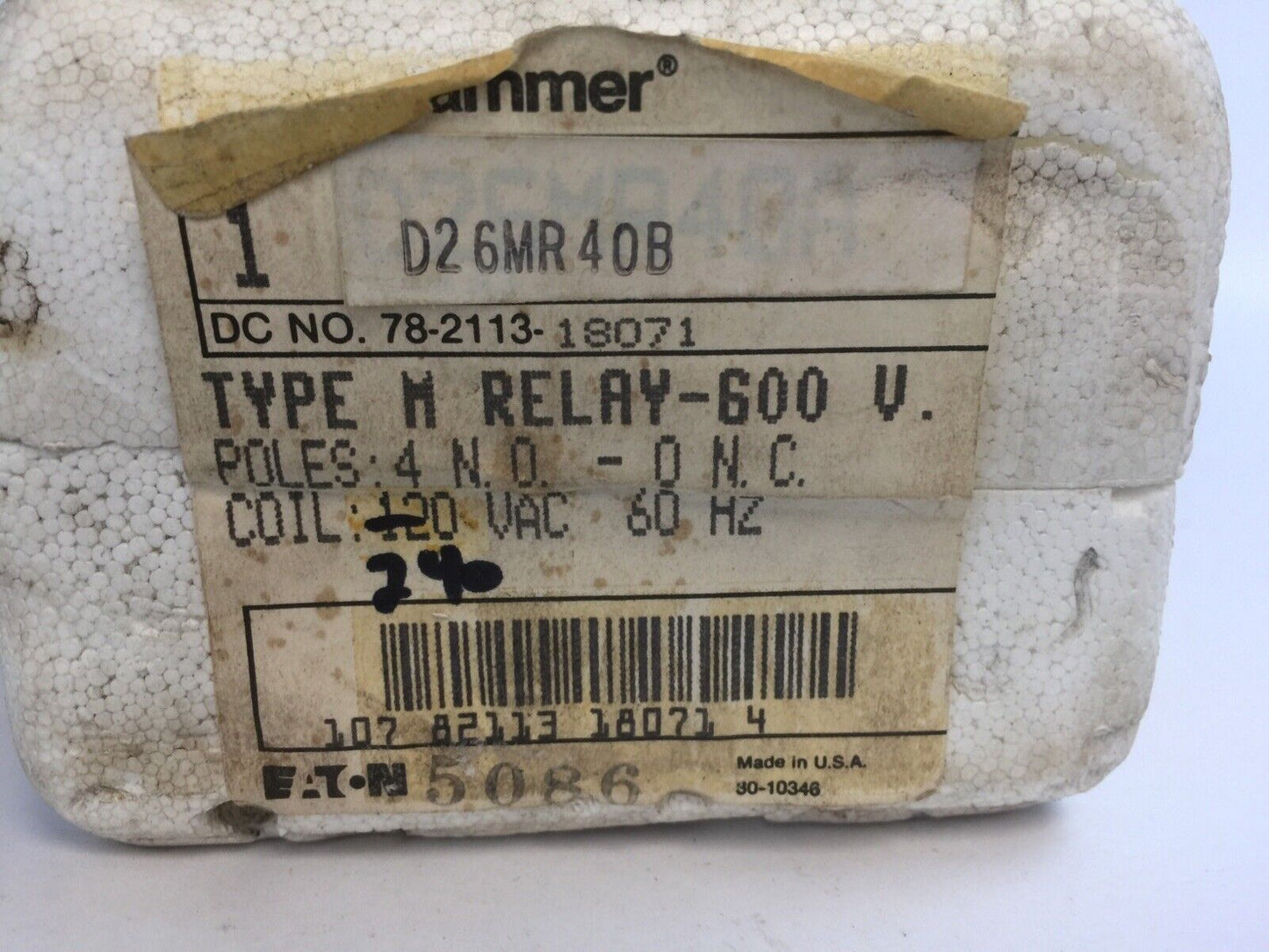 CUTLER HAMMER D26MR40B TYPE "M" RELAY 600V 4NO 0NC COIL 240/220V 60/50CY 9-1989-