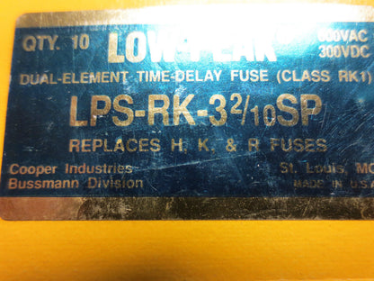 BUSSMANN LPS-RK-3-2/10SP LOW-PEAK TIME-DELAY FUSE 600VAC BOX / 10 - NEW SURPLUS