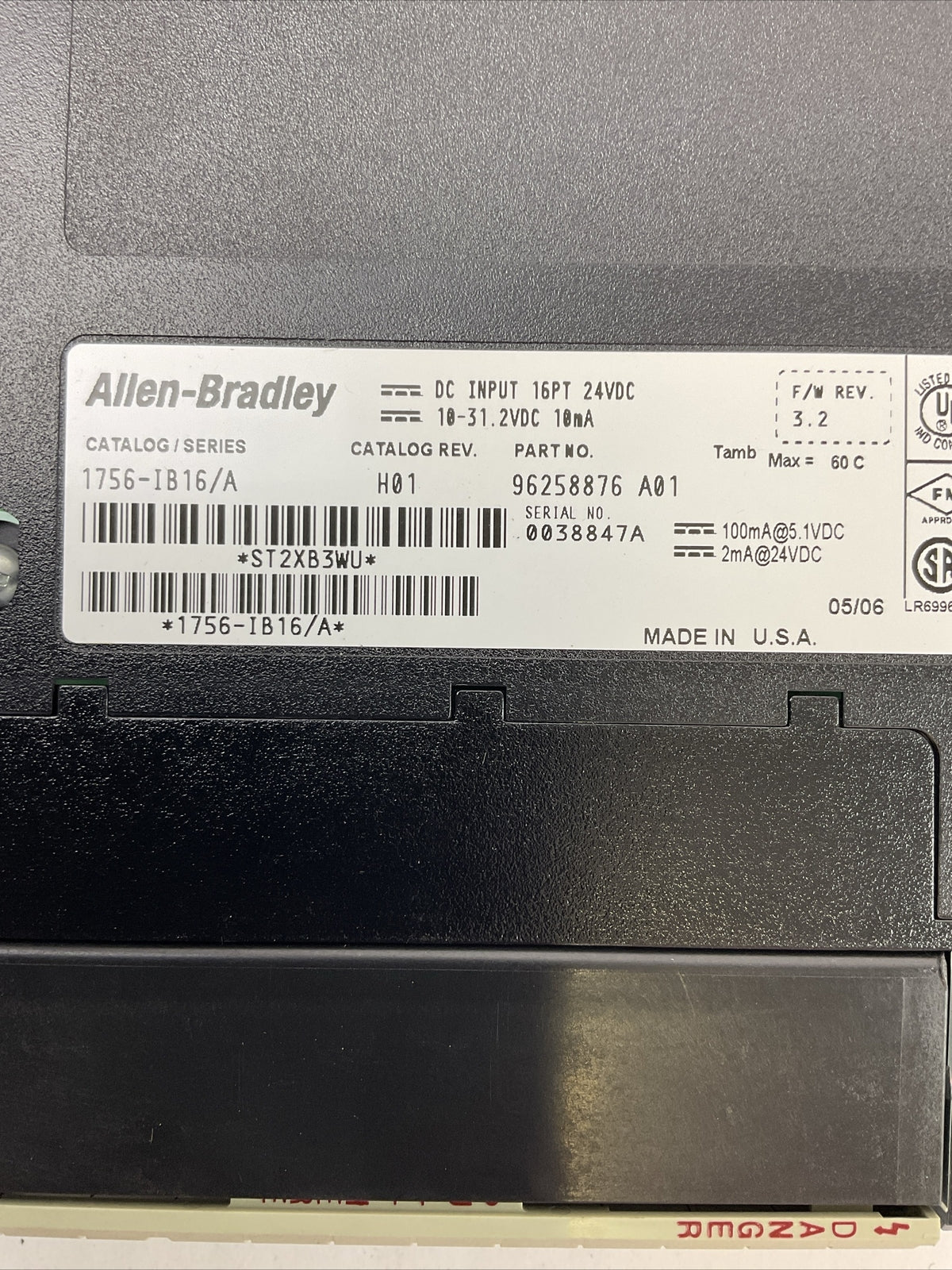 ALLEN BRADLEY 1756-IB16 SER A CAT REV H01 F/W REV 3.2 DC INPUT 16PT 24VDC