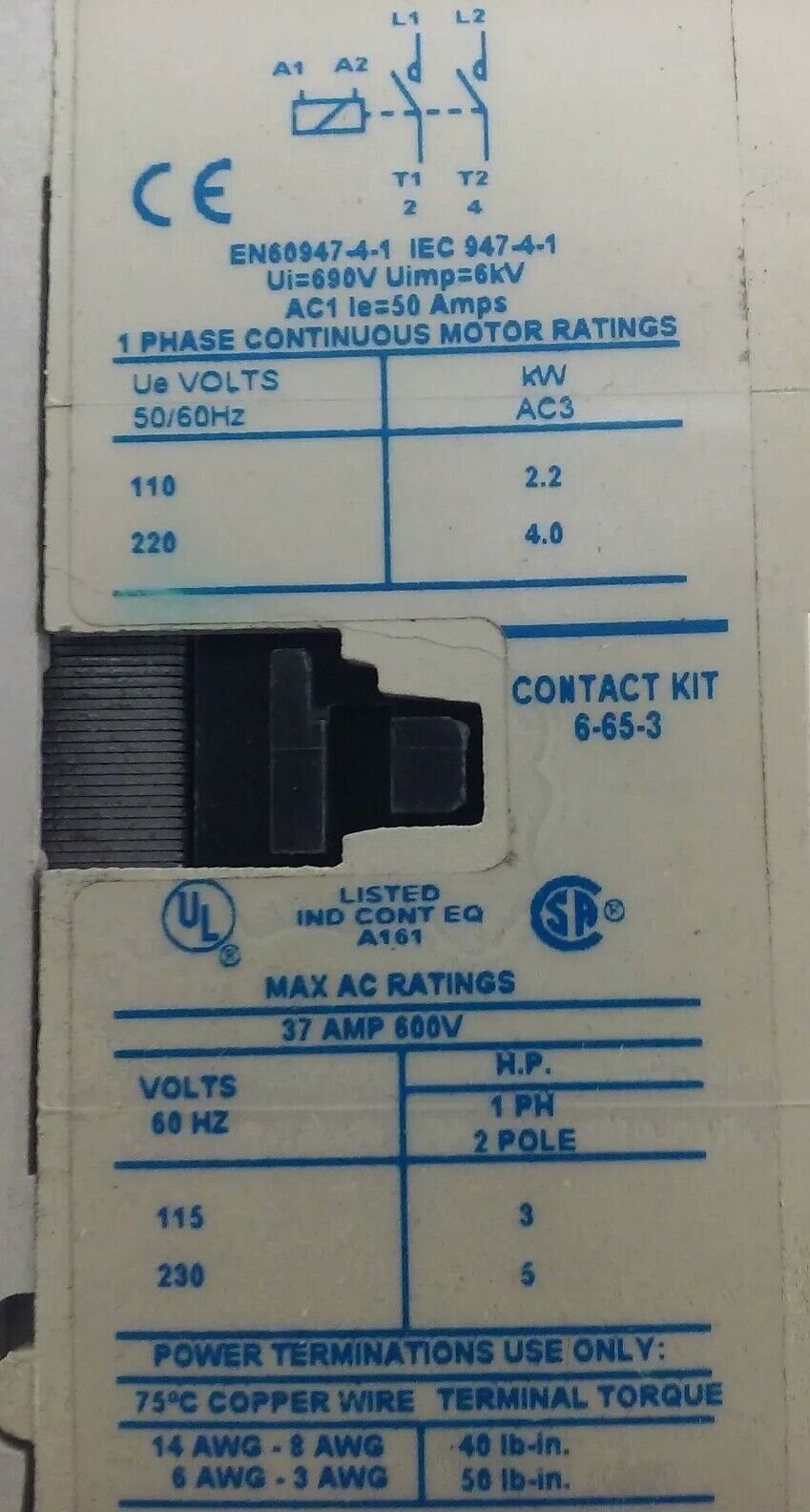 CUTLER HAMMER CE15GN2-T16, SER. B1, CONTACTOR, 1PH, 2P, 37A, 600V, 5HP, 60HZ,NEW