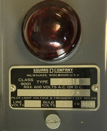 SQUARE D 9001 PA-18 CONTROL STATION RED PILOT 110V 60CY.