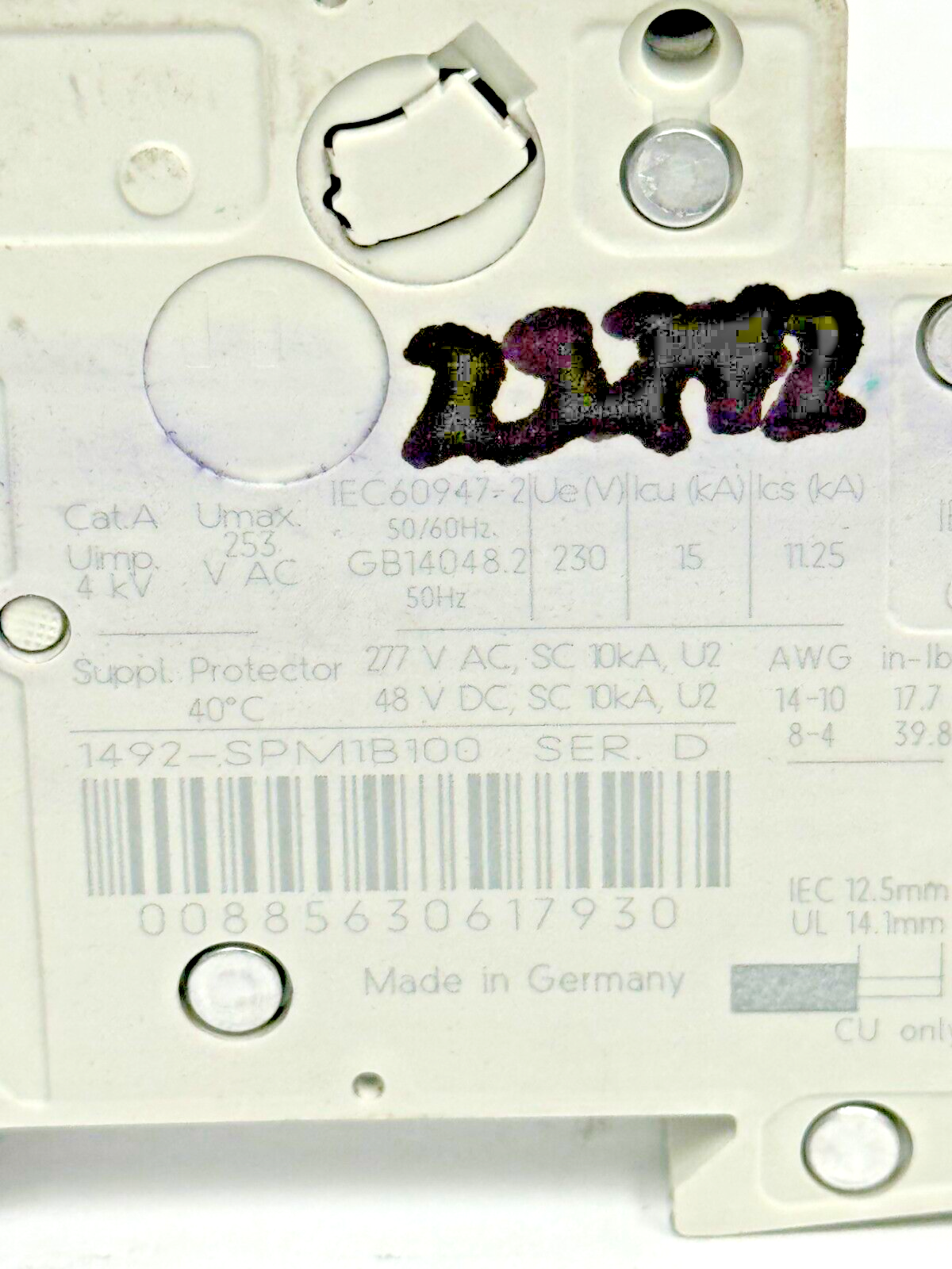 ALLEN-BRADLEY - 1492-SPM1B100 SER. D - CIRCUIT BREAKER - 1 P, 10 A, 277 V