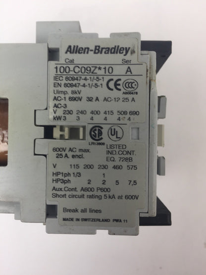 ALLEN BRADLEY 100-C09Z*10 REVERSING CONTACTOR 600VAC 25A COIL 24VDC