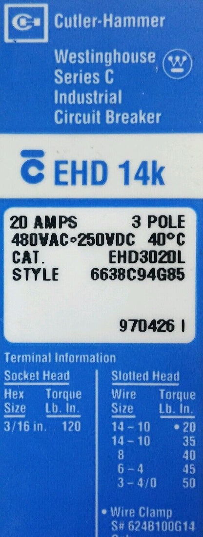 Cutler Hammer EHD EHD3020L 20 Amp 3 Pole 480 VAC 250 VDC Circuit Breaker