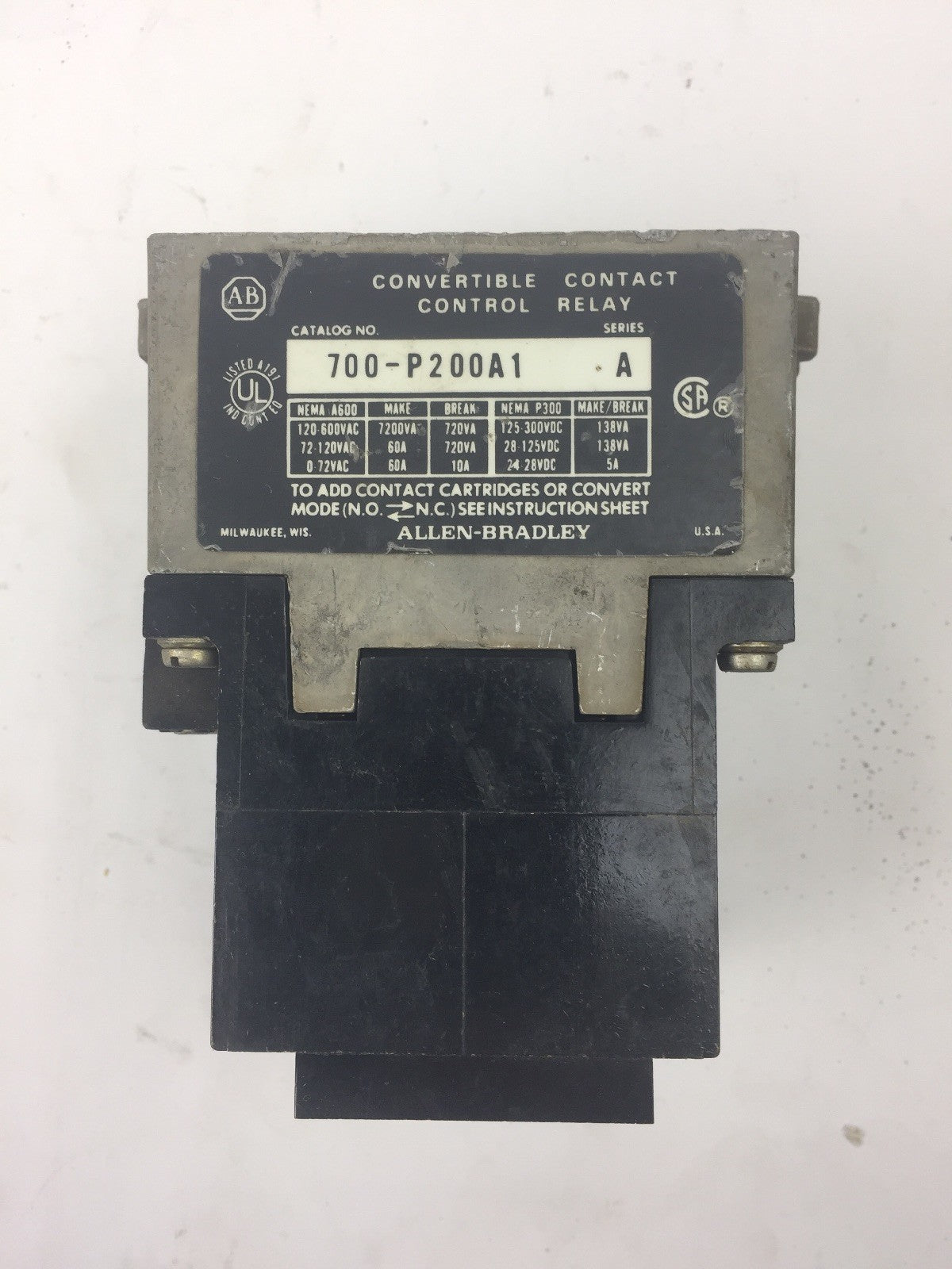 ALLEN BRADLEY 700-P200A1 AC CONTROL RELAY SERIES A COIL 115-120V 60HZ 110V 50HZ