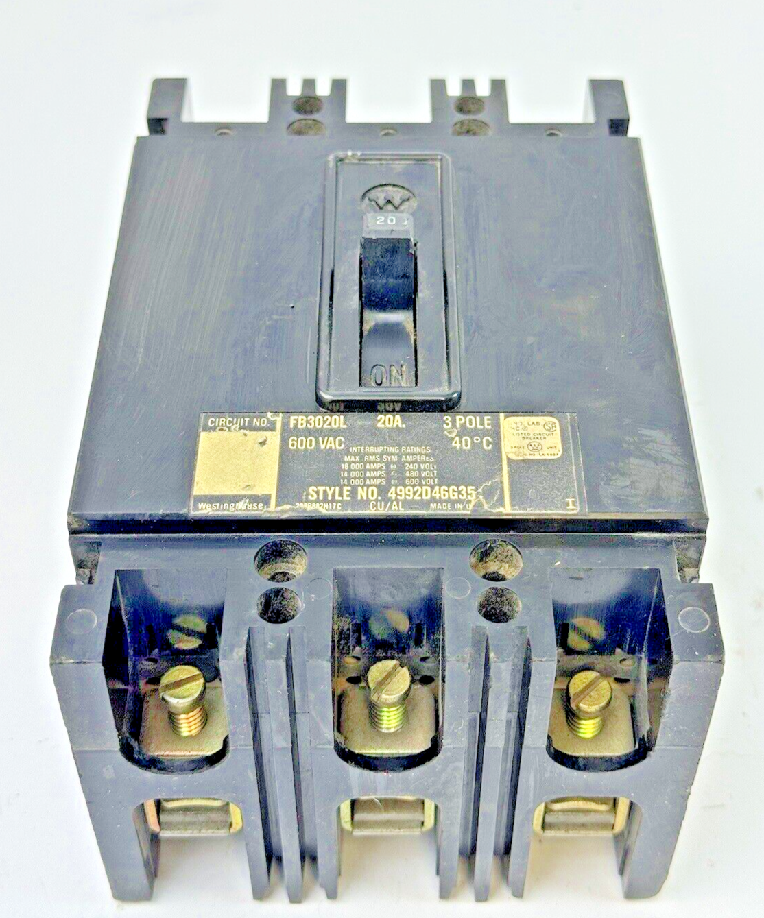 WESTINGHOUSE - FB3020L - MOLDED CIRCUIT BREAKER - 3 POLE/20A/600 VAC