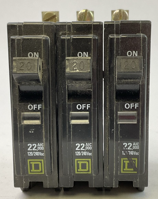 SQUARE D QOB120VH BOLT ON CIRCUIT BREAKER 1POLE 20AMP 120/240VAC (LOT OF 3)