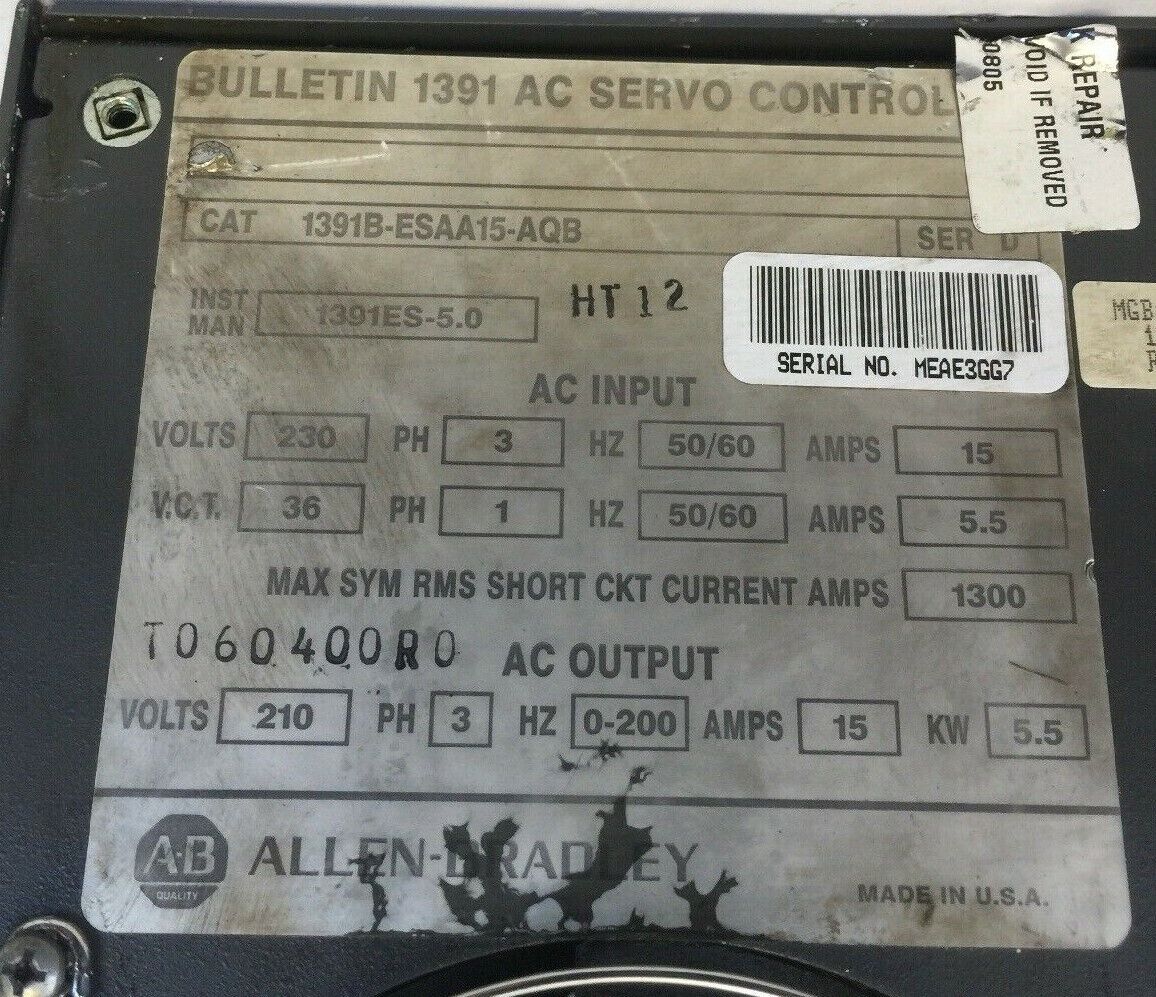 ALLEN BRADLEY 1391B-ESAA15-AQB AC SERVO CONTROLLER INPUT 230V 15A OUTPUT 210V