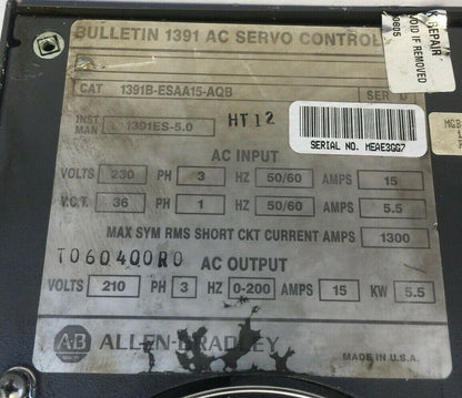 ALLEN BRADLEY 1391B-ESAA15-AQB AC SERVO CONTROLLER INPUT 230V 15A OUTPUT 210V