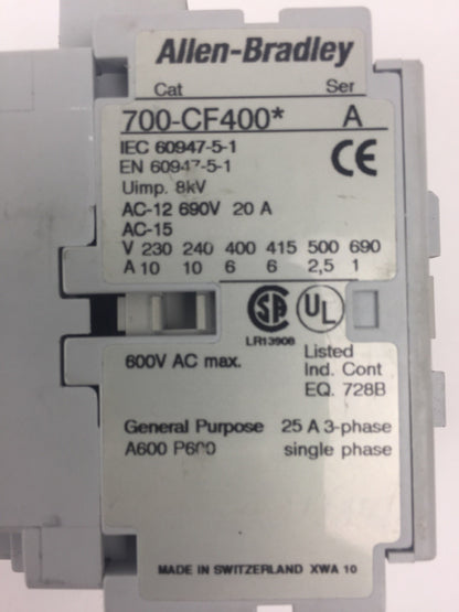 ALLEN BRADLEY 700-CF400* CONTACTOR SER A 600VAC COIL 120V 60HZ 110V 50HZ