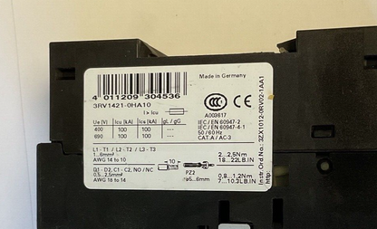 SIEMENS 3RV1421-0HA10 MANUAL MOTOR STARTER 16A CLASS 10 0.55-0.8A 50/60HZ CAT.A