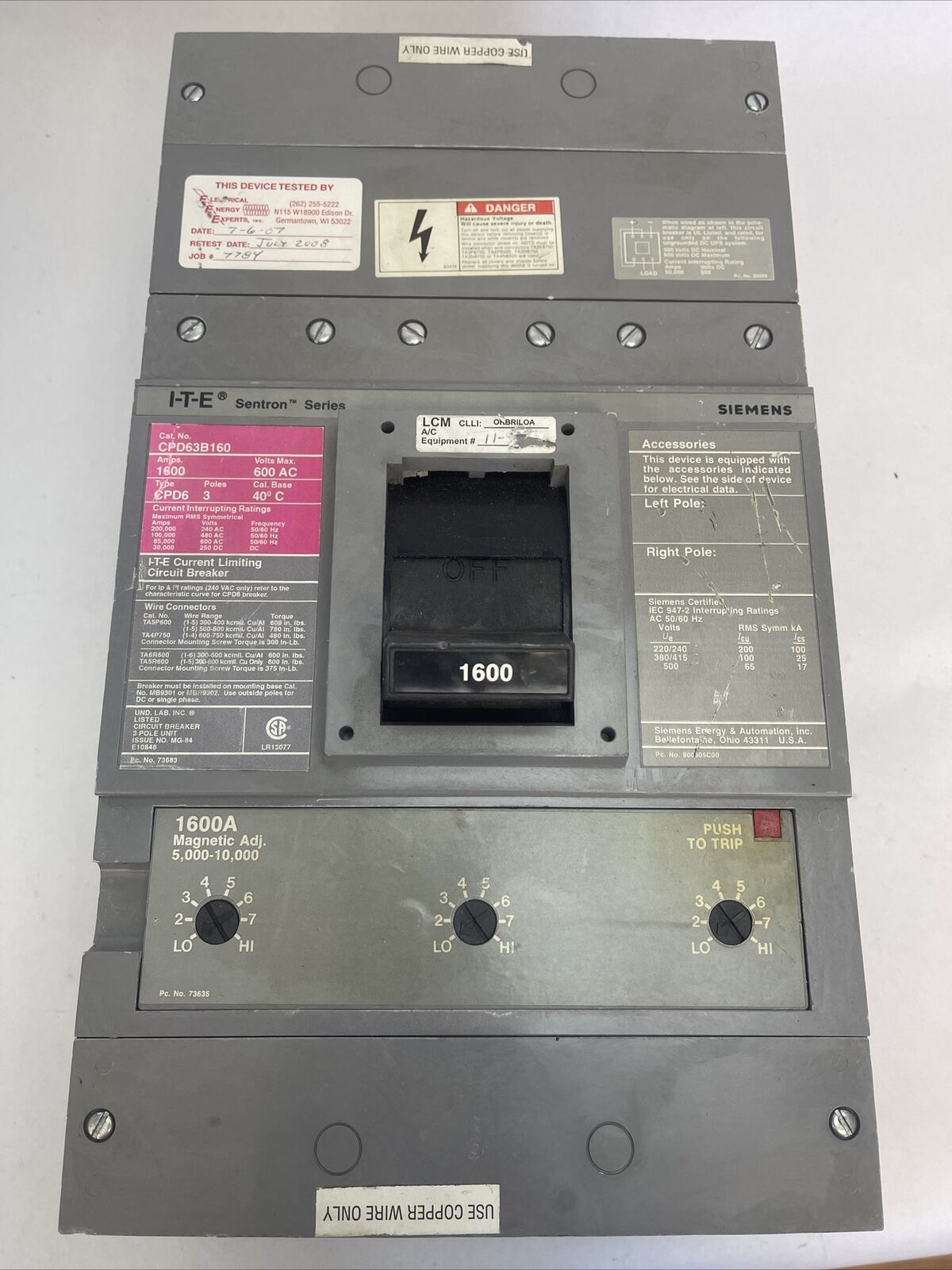 ITE SIEMENS CPD63B160 SENTRON SERIES CIRCUIT BREAKER 1600A 600VAC 3POLE