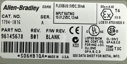 ALLEN BRADLEY 1794-IB16 24VDC SINK INPUT MODULE SER A REV B01 F/W REV BLANK