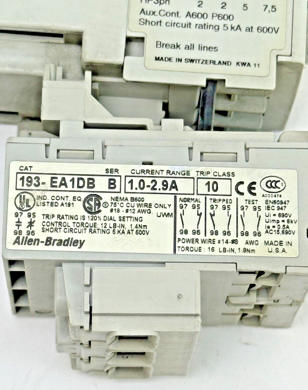 ALLEN-BRADLEY 100-C09D*10 SER. A CONTACTOR W 24VDC COIL & 193-EA1DB SER. B RELAY