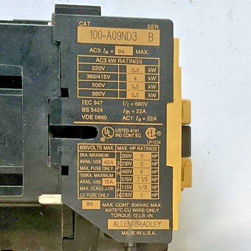 ALLEN BRADLEY 100-A09ND3 CONTACTOR SER B 600VAC 9A W/ 193-BSB 60 RELAY 4-6A