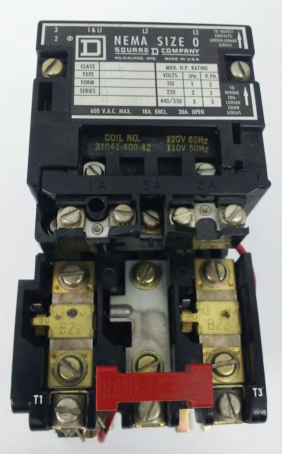 SQUARE D  CLASS 8536, TYPE SB0-2,STARTER, 3PH,600V,20A,5HP,SIZE 0,120V COIL,USED