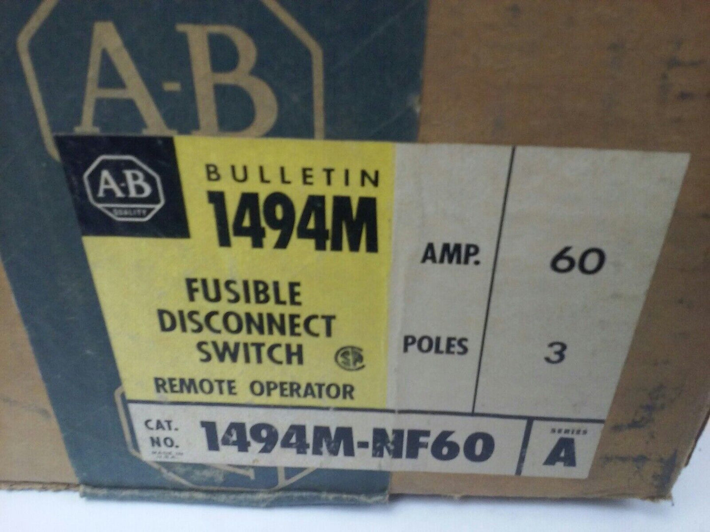 ALLEN BRADLEY 1494M-NF60 SER. A, FUSIBLE DISCONNECT SWITCH, 3P, 60A, 600V-250DC