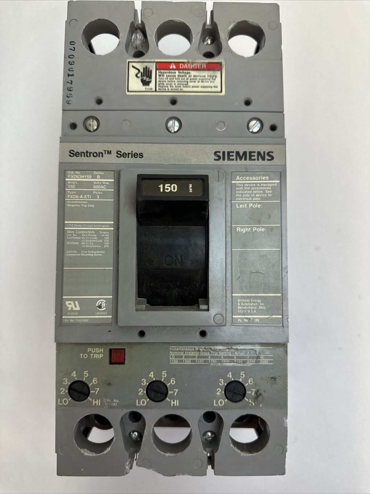 SIEMENS FXD63H150 SENTRON SERIES B CIRCUIT BREAKER 600VAC 3POLE 150AMP