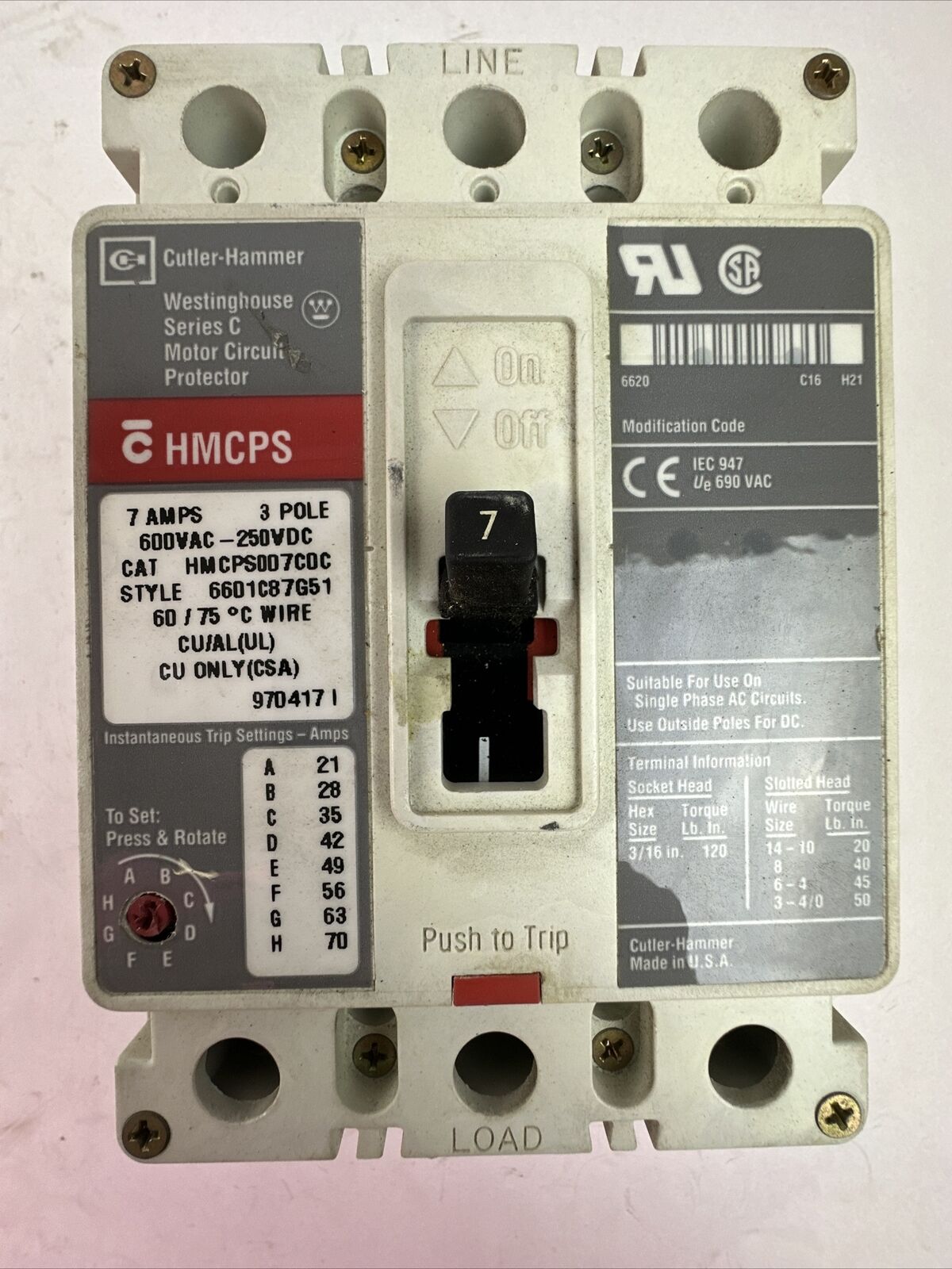 CUTLER HAMMER HMCPS007C0C SER C 3P 7AMP 600VAC 250VDC 6601C87G51 MOTOR CIRCUIT