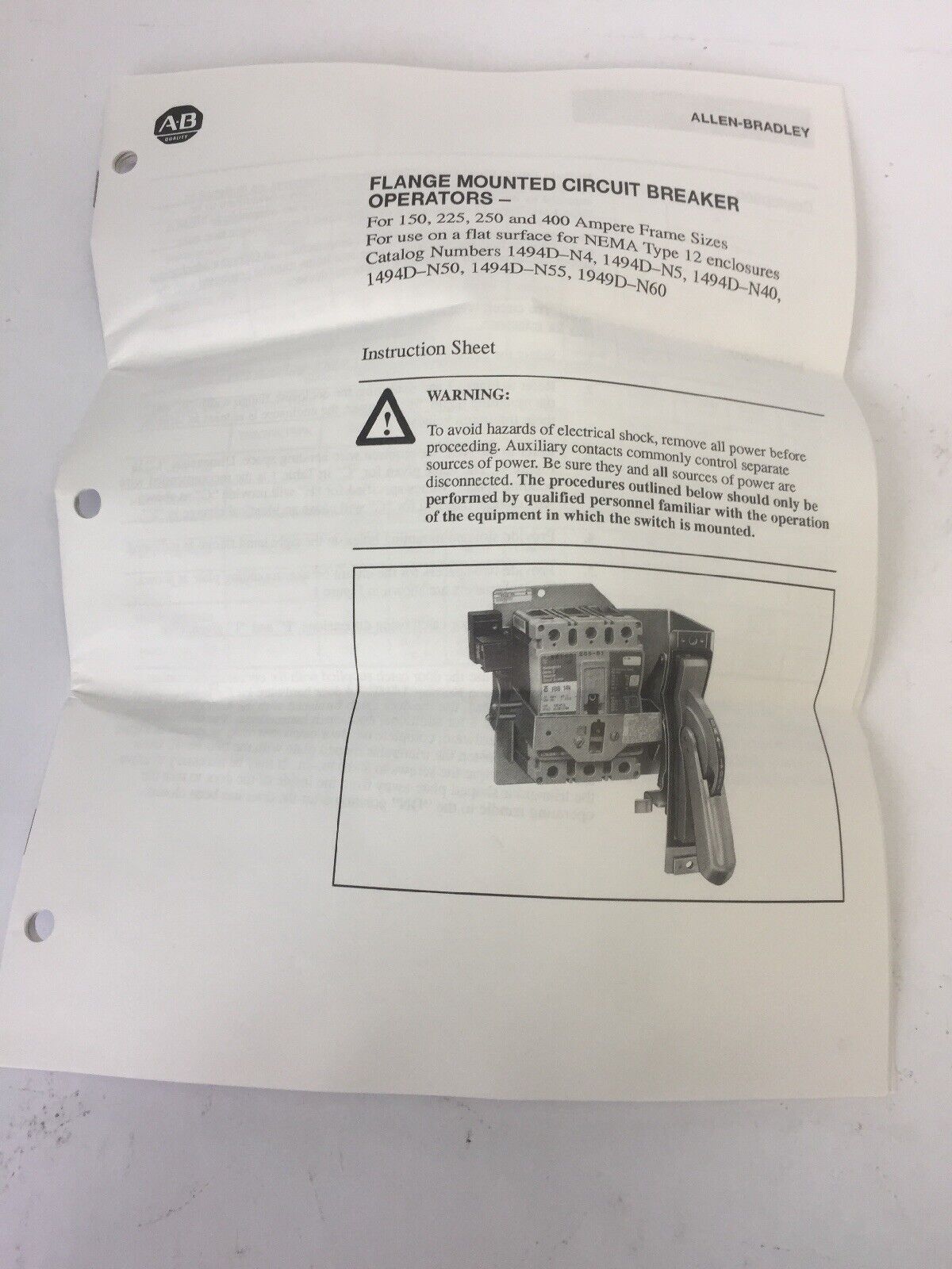 ALLEN BRADLEY 1494D-N55 CIRCUIT BREAKER SLIDE MECHANISM FLANGE MOUNTED