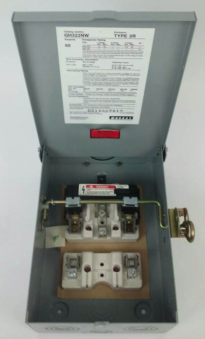 MURRAY GH322NW FUSIBLE SAFETY SWITCH SINGLE THROW 2P, 60A, 240V, 10HP, TYPE 3R