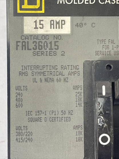 SQUARE D FAL36015 MOLDED CASE CIRCUIT BREAKER 15AMP 600VAC 250VDC 3POLE SERIES 2