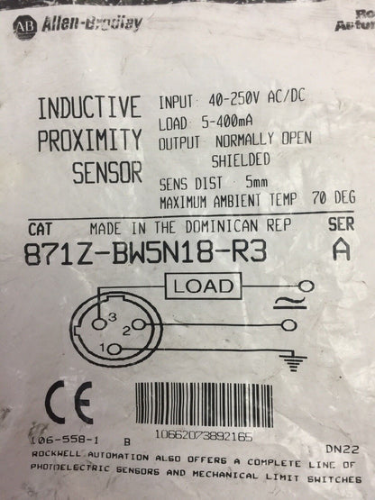 ALLEN BRADLEY 871Z-BW5N18-R3 INDUCTIVE PROXIMITY SENSOR 40-250VAC 5-400mA SER A