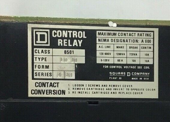 SQUARE D 8501 L0-30 MAGNETIC CONTROL RELAY SER.A COIL12060/110-50 BM