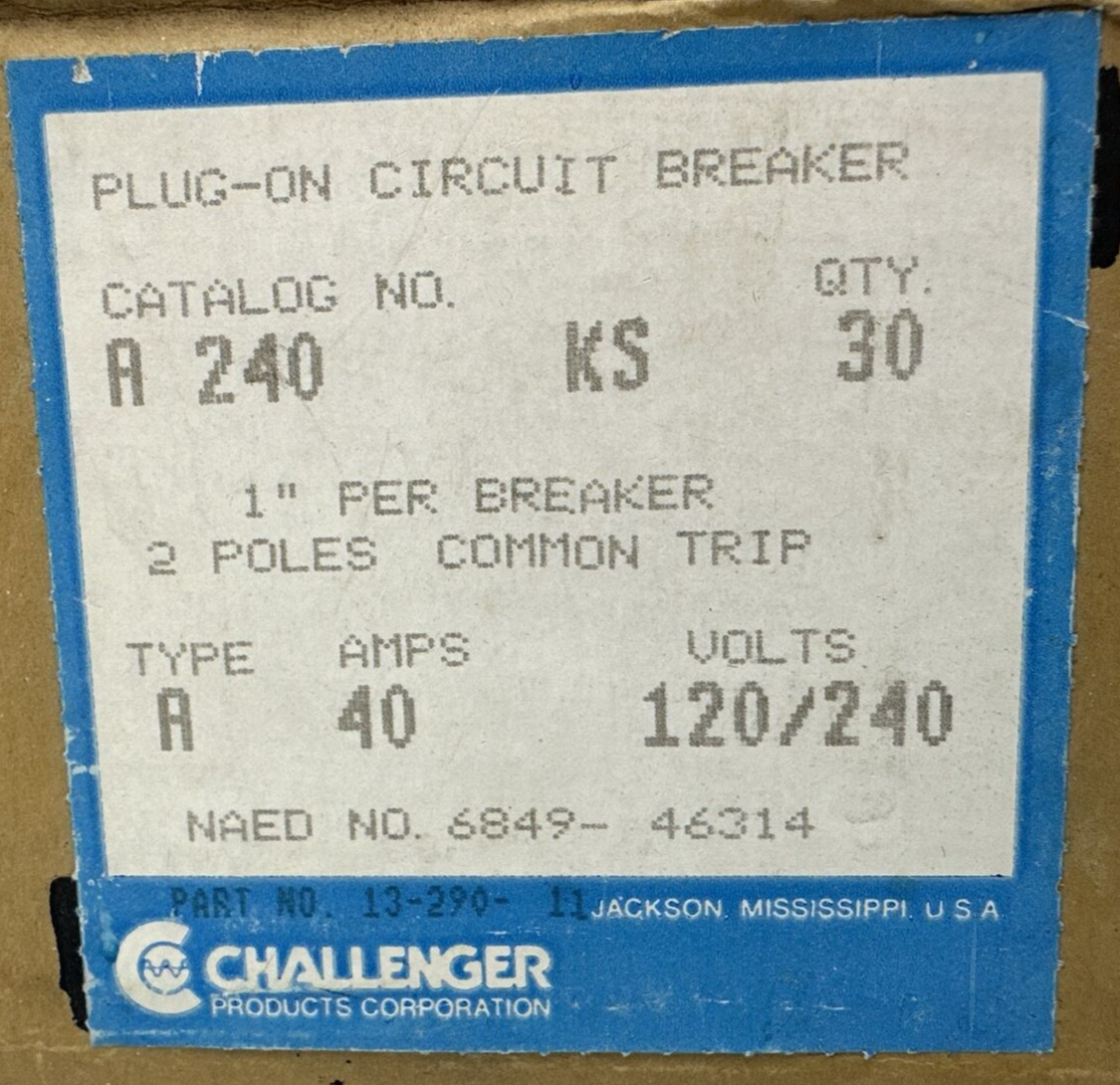 CHALLENGER A240 PLUG-ON CIRCUIT BREAKER 40AMP 2POLE 120/240VAC (BOX OF 30)