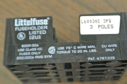 LITTELFUSE L60030C 3PQ CLASS CC FUSE HOLDER / FUSE BLOCK 600V, 30A / NEW SURPLUS